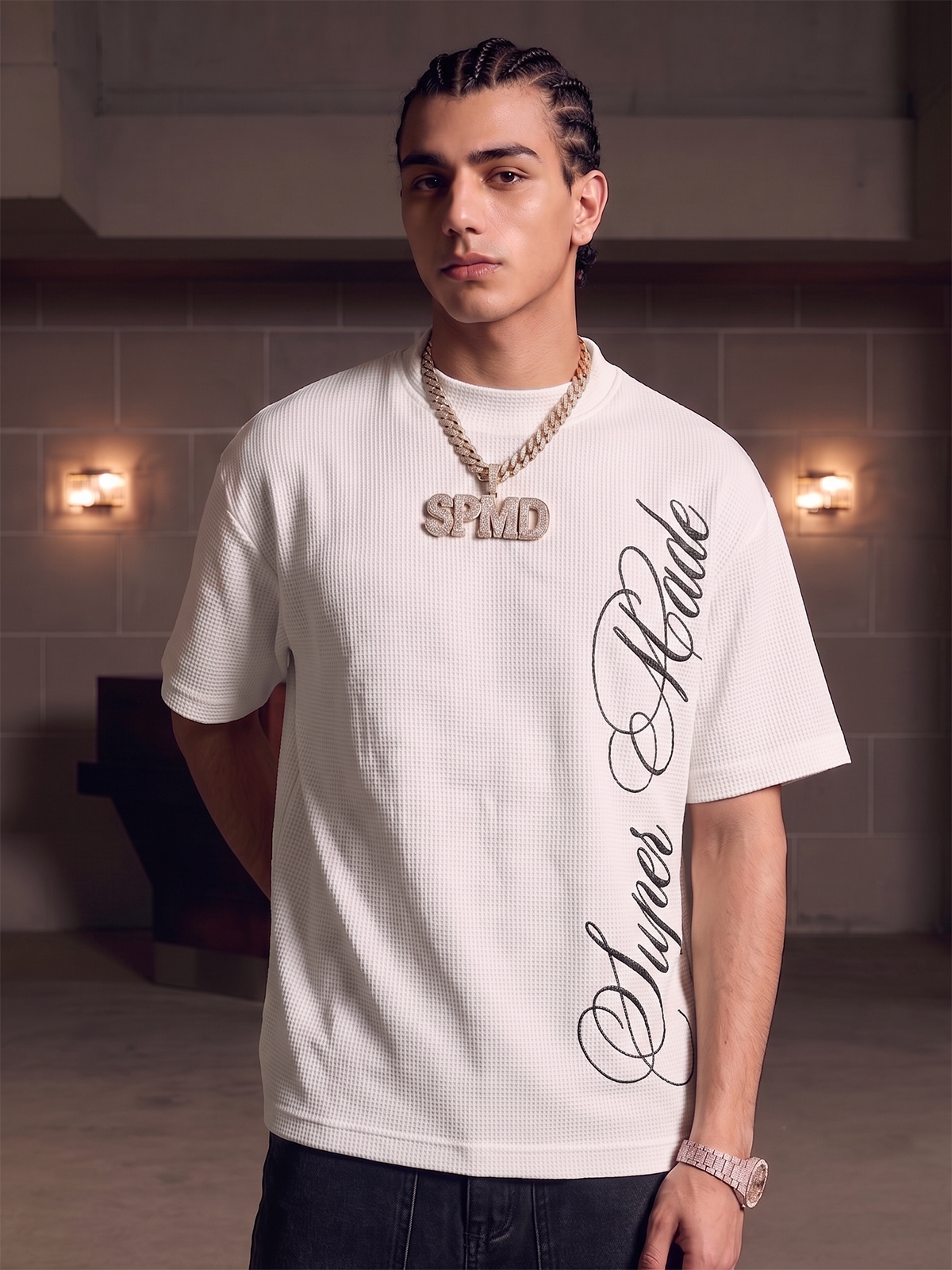 Side Script Waffle Knit T-Shirt