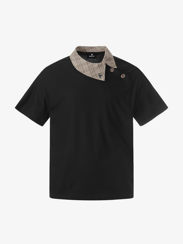チェック柄襟、非対称ボタンのTシャツ