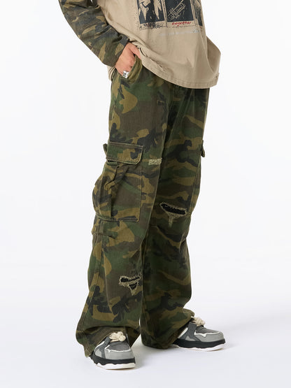 Ripped Camouflage Flared Cargo Pants - 2410 