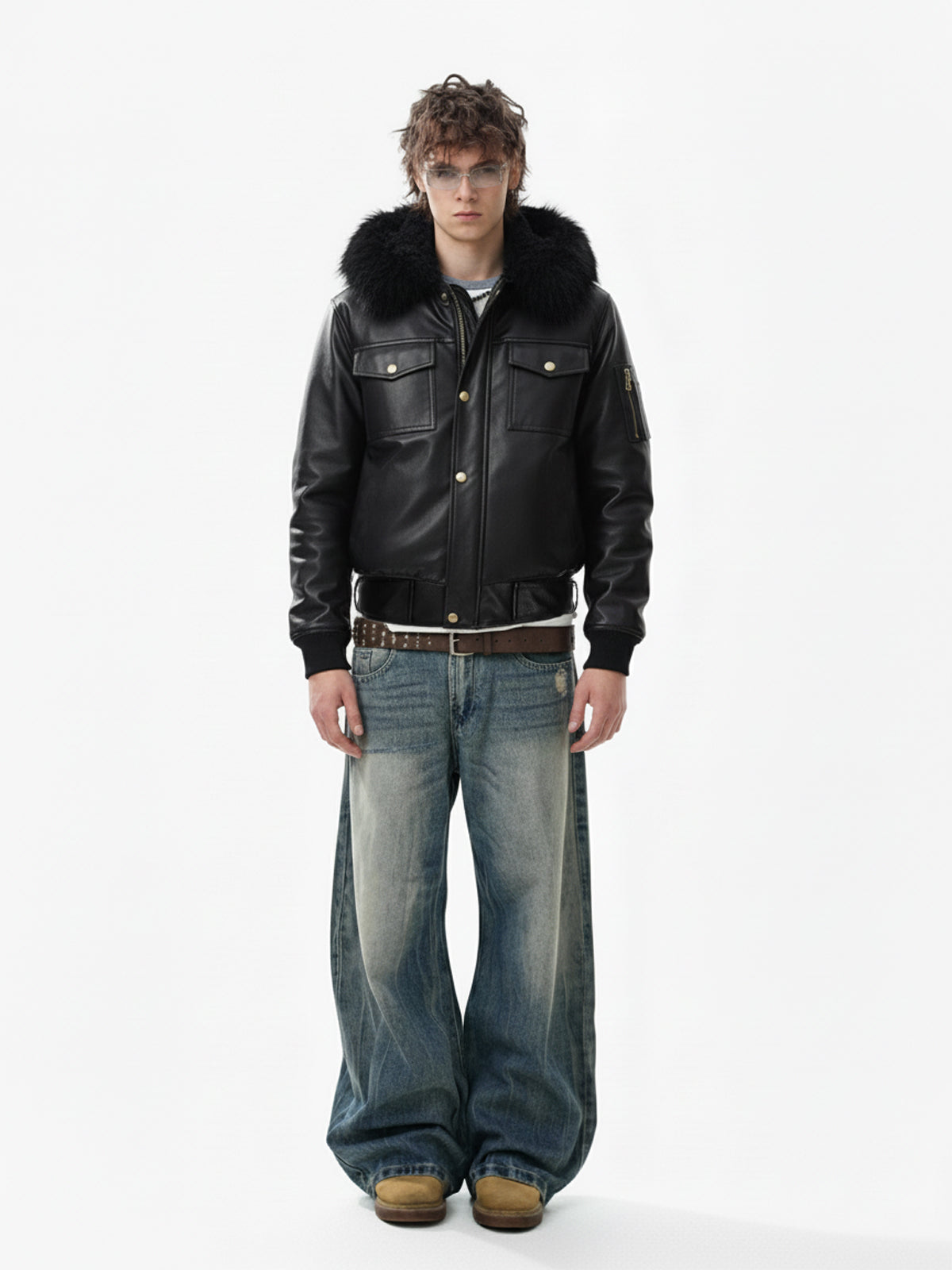 Retro Detachable Fur Collar PU Multi-Pocket Bomber Jacket 