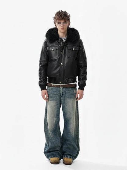 Retro Detachable Fur Collar PU Multi-Pocket Bomber Jacket 