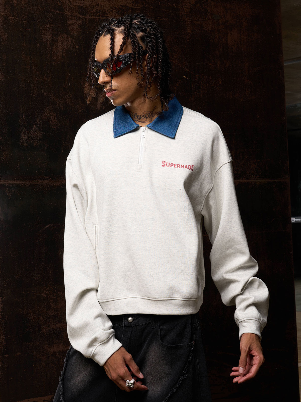 Original Denim Lapel Patchwork Sweatshirt 