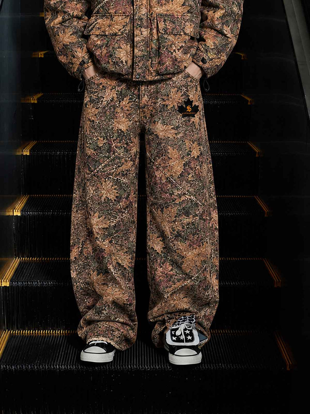 Maple Leaf Embroidered 3D Graphic Baggy Pants
