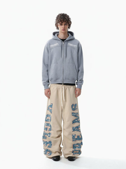 Retro Contrast Letter Print Fleece Wide-Leg Sweatpants 