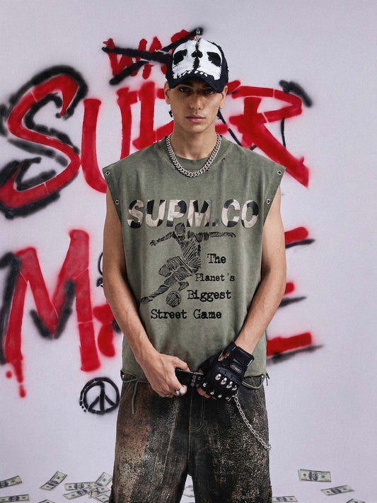 Distressed "SUPM.CO" Soccer Graphic Sleeveless T-Shirt 