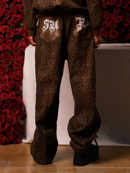 SUPM Graffiti Print Leather Leopard Print Baggy Pants 