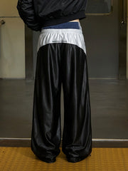 Glossy Silver-Grey Patchwork Double-Waist Track Pants