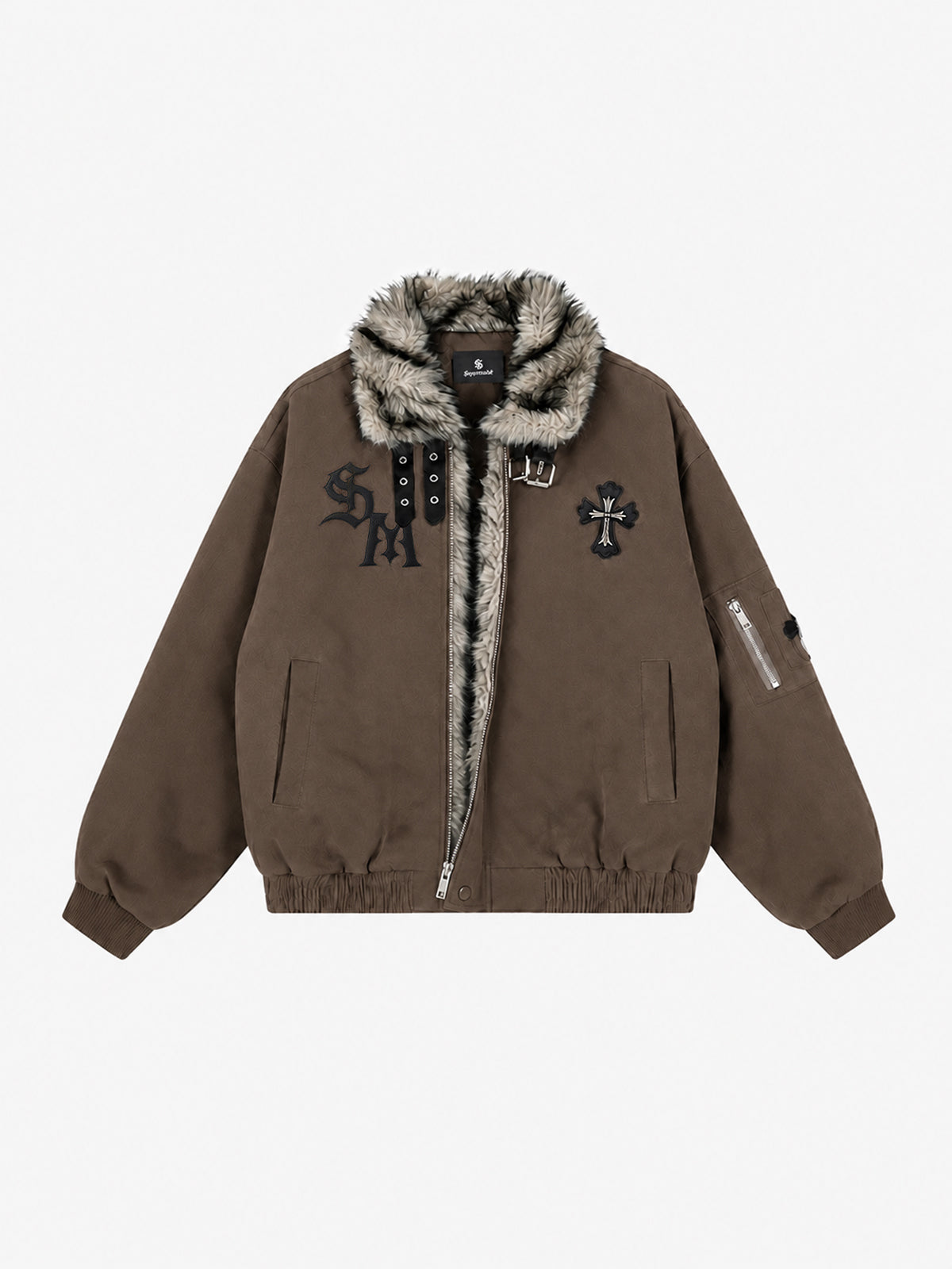 Chaqueta bomber extragrande desgastada con cuello de piel sintética bordado