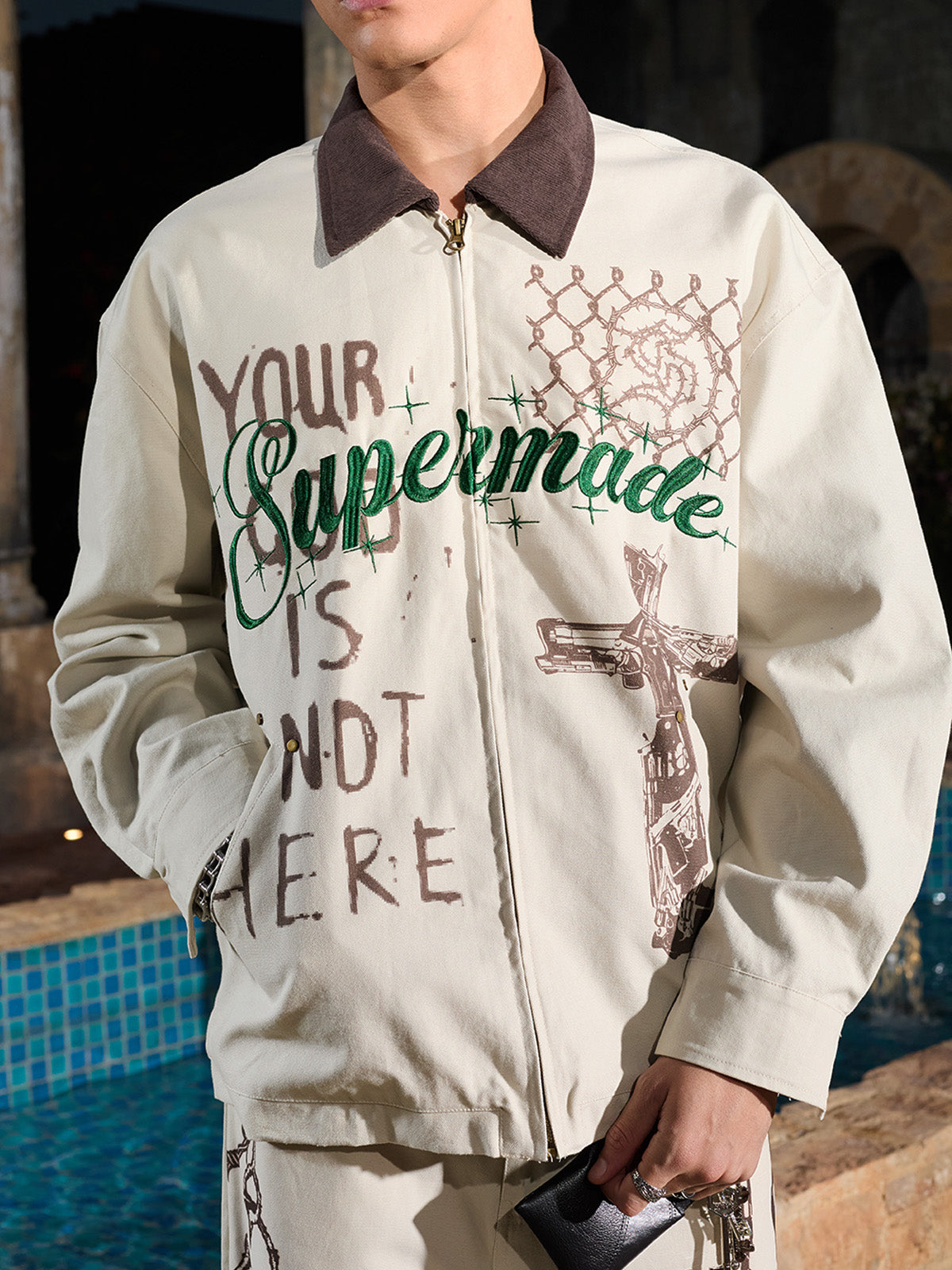 Supermade “Your God Is Not Here” Slogan Print Color-Blocked Embroidered Retro Canvas Jacket 