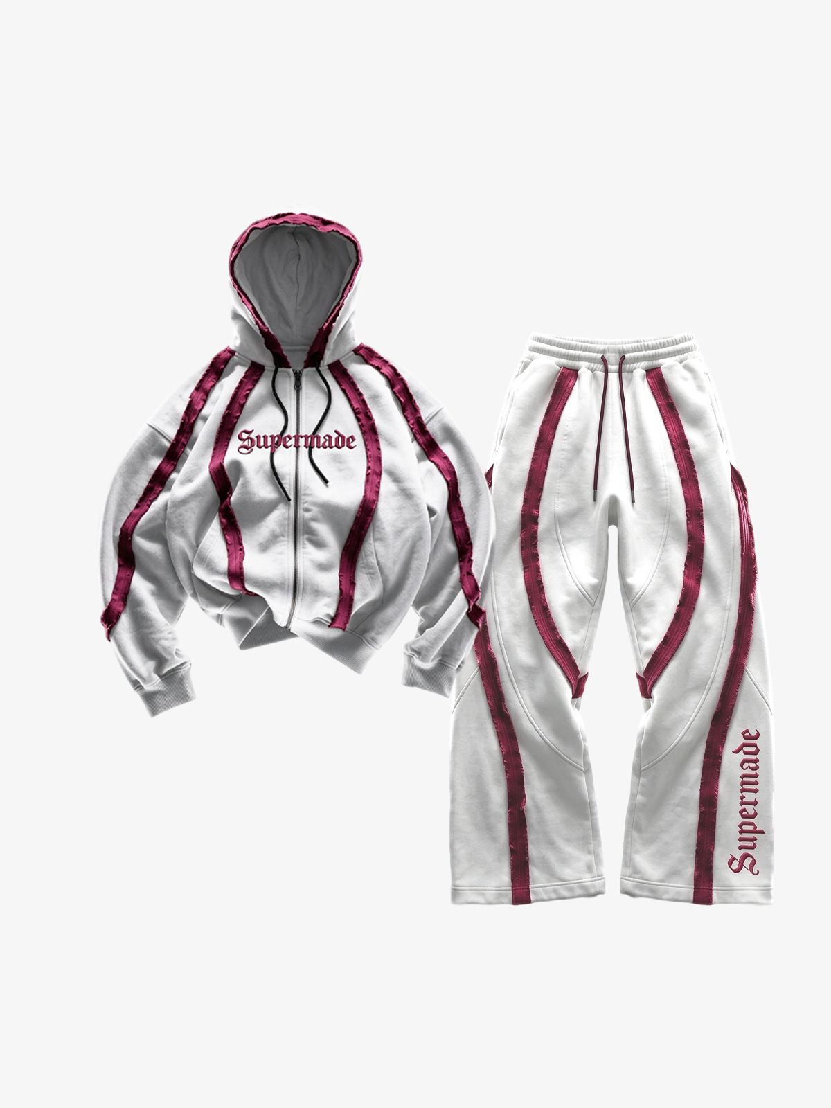 Pink Contrast Stripe Zip Hoodie & Curved-Leg Pants Set