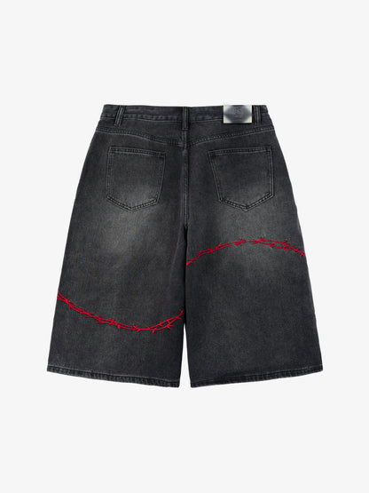 Denim Shorts with Barbed Wire Embroidery and Ripped Details for Men 