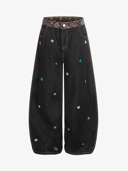Star Embroidered Curved-Seam Jeans