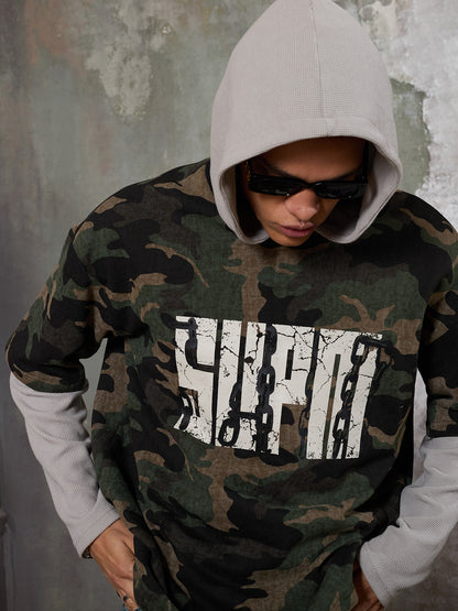 Supermade Camouflage Patchwork Faux Two-Piece Hooded Top 