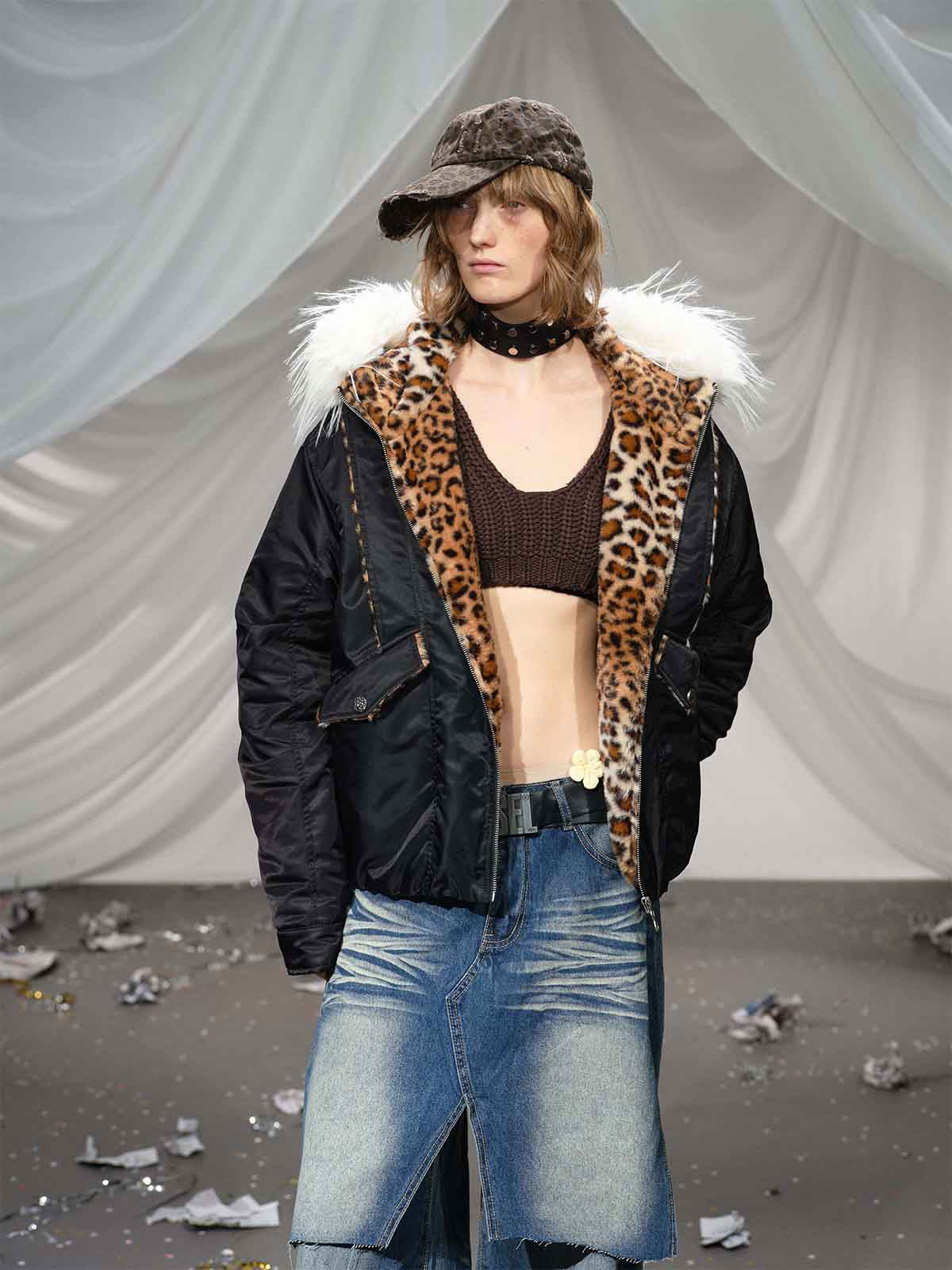 Retro Fur Collar Ruched Leopard Lining Bomber Jacket 