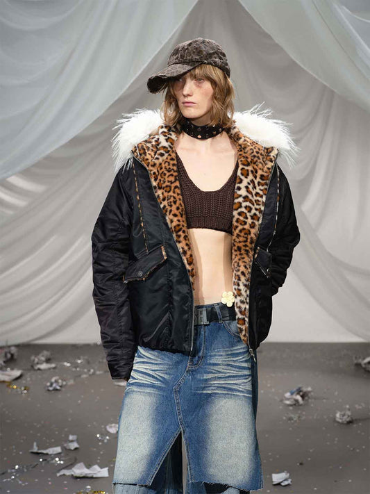 Retro Fur Collar Ruched Leopard Lining Bomber Jacket 