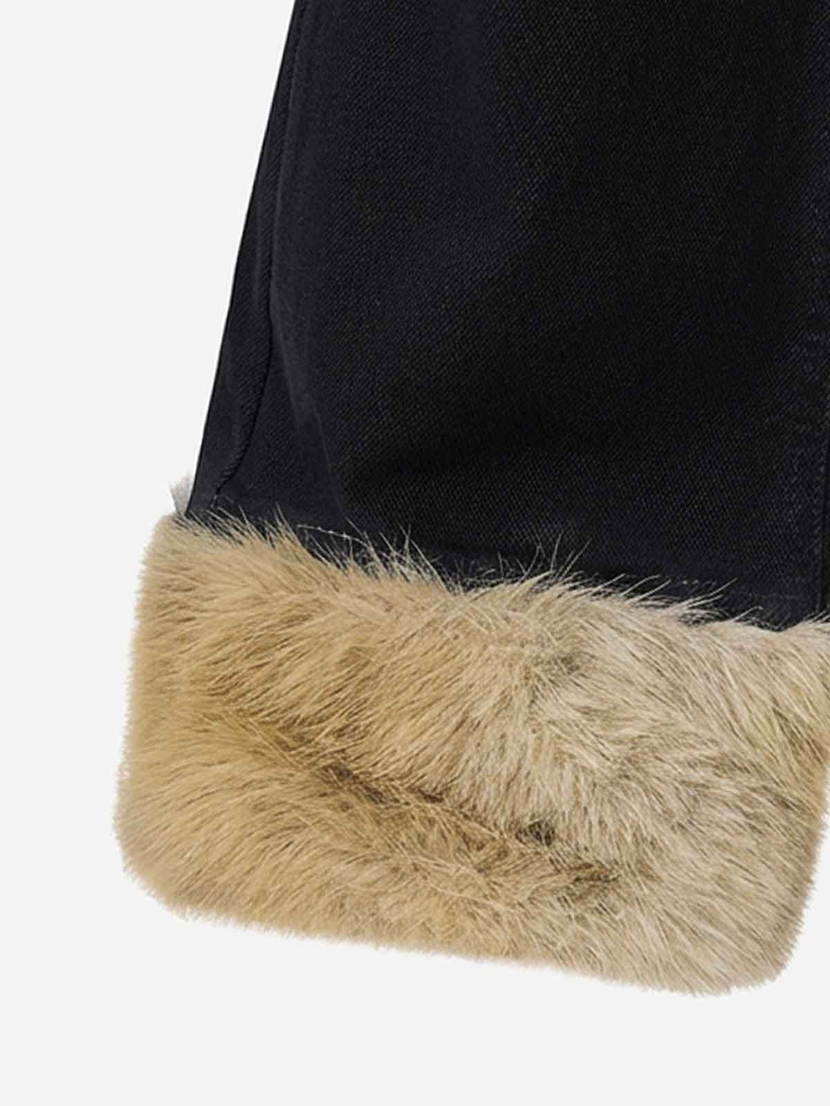Studded Zip Faux-Fur Patchwork Flared Pants