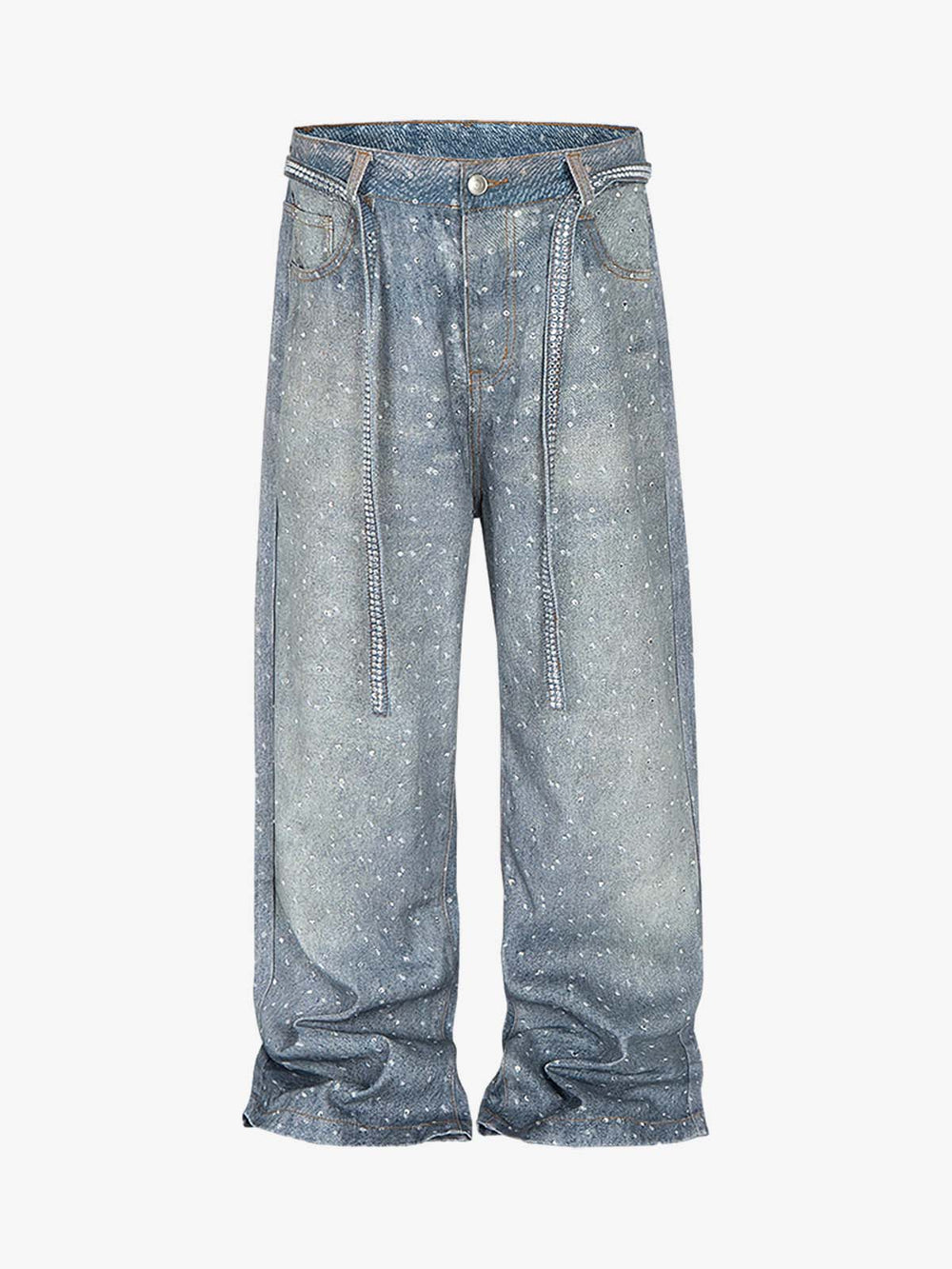 Denim Distressed Belt Diamond Decorated Jeans 