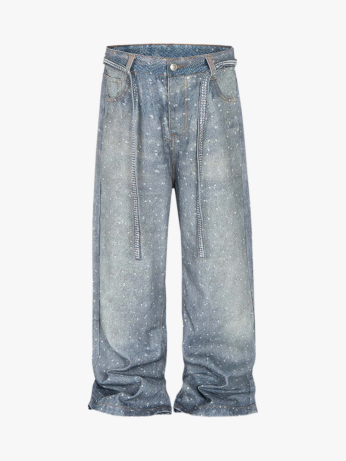 Denim Distressed Belt Diamond Decorated Jeans 