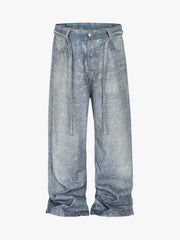 Denim Distressed Belt Diamond Decorated Jeans 