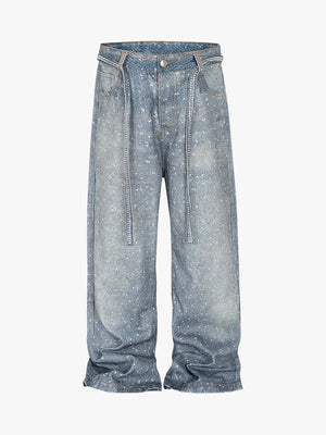 Distressed Diamond Decorated Belt Jeans 