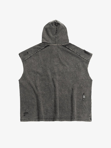 Distressed Washed Sleeveless Hoodie 
