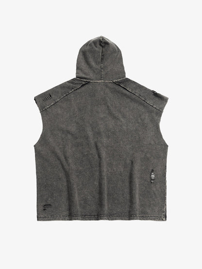 Distressed Washed Sleeveless Hoodie 