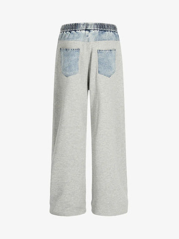 Vintage Wash Denim Waistband Patchwork Sweatpants 