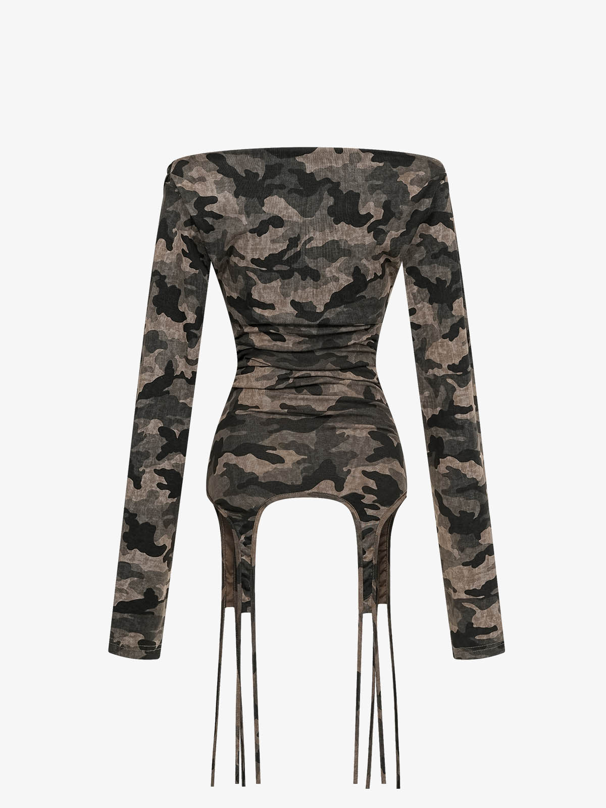 Off-Shoulder Camo Print Long Sleeve Tee