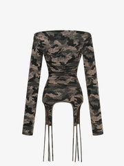 Off-Shoulder Camo Print Long Sleeve Tee
