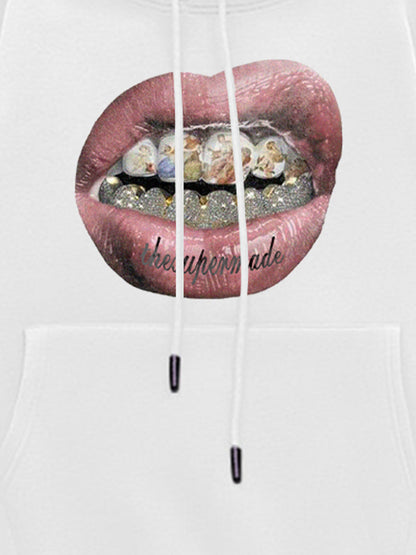 Hip-hop Mouth Gold Print Velvet Hooded Sweatshirt 