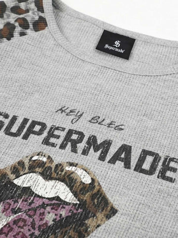 Lip Graphic Leopard Patchwork Waffle Long Sleeve Tee