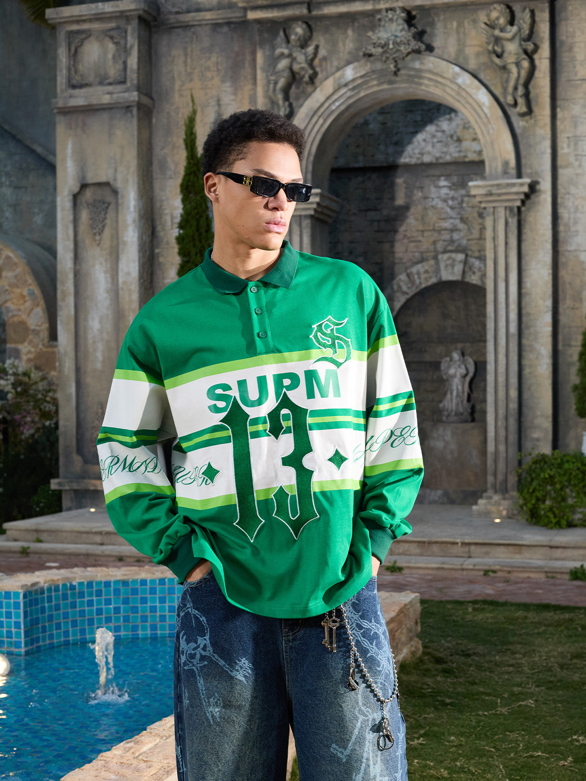 Supermade Color-Blocked Polo Collar Embroidered Print Long-Sleeved Jersey 