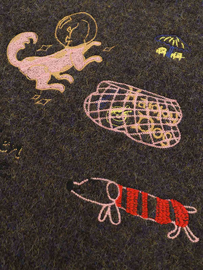 Wool Blend Embroidered Sleeveless Knit Vest with Whimsical Animal Motifs and Artistic Stitching Details 