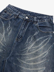 Butterfly Rhinestone Whiskered Curved-Leg Jeans