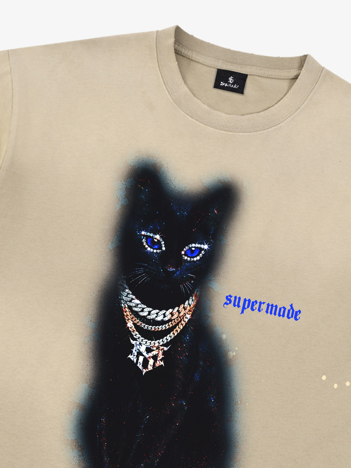 Cotton Black Cat Graphic T-Shirt with Chain Print and Splatter Design 