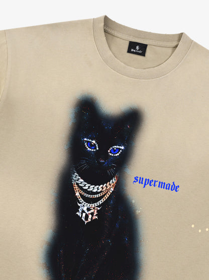 Cotton Black Cat Graphic T-Shirt with Chain Print and Splatter Design 