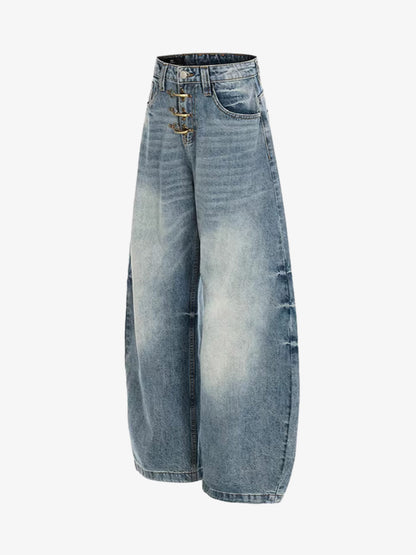 Wide-Leg High-Waisted Denim Pants with Asymmetric Wrap Design 