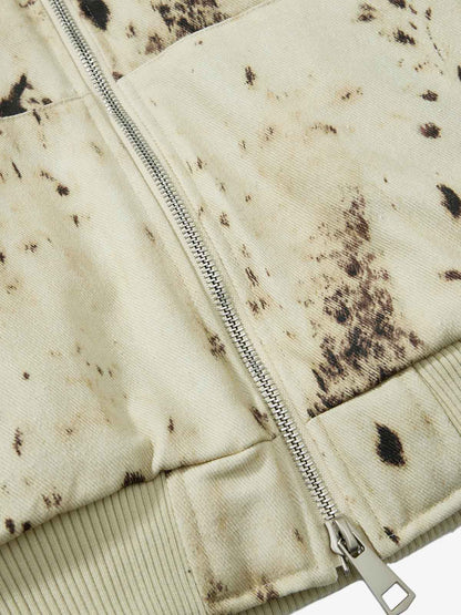 Splatter Print Faux Fur Collar Ruched Sleeve Zip-Up Jacket