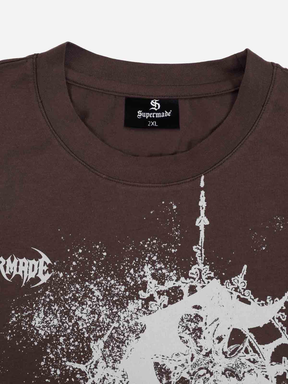 Cotton Washed Slim Fit Long-Sleeve T-Shirt with Splatter Graphic Print and Gothic 3D stereoscopic silicone printing Logo Design 