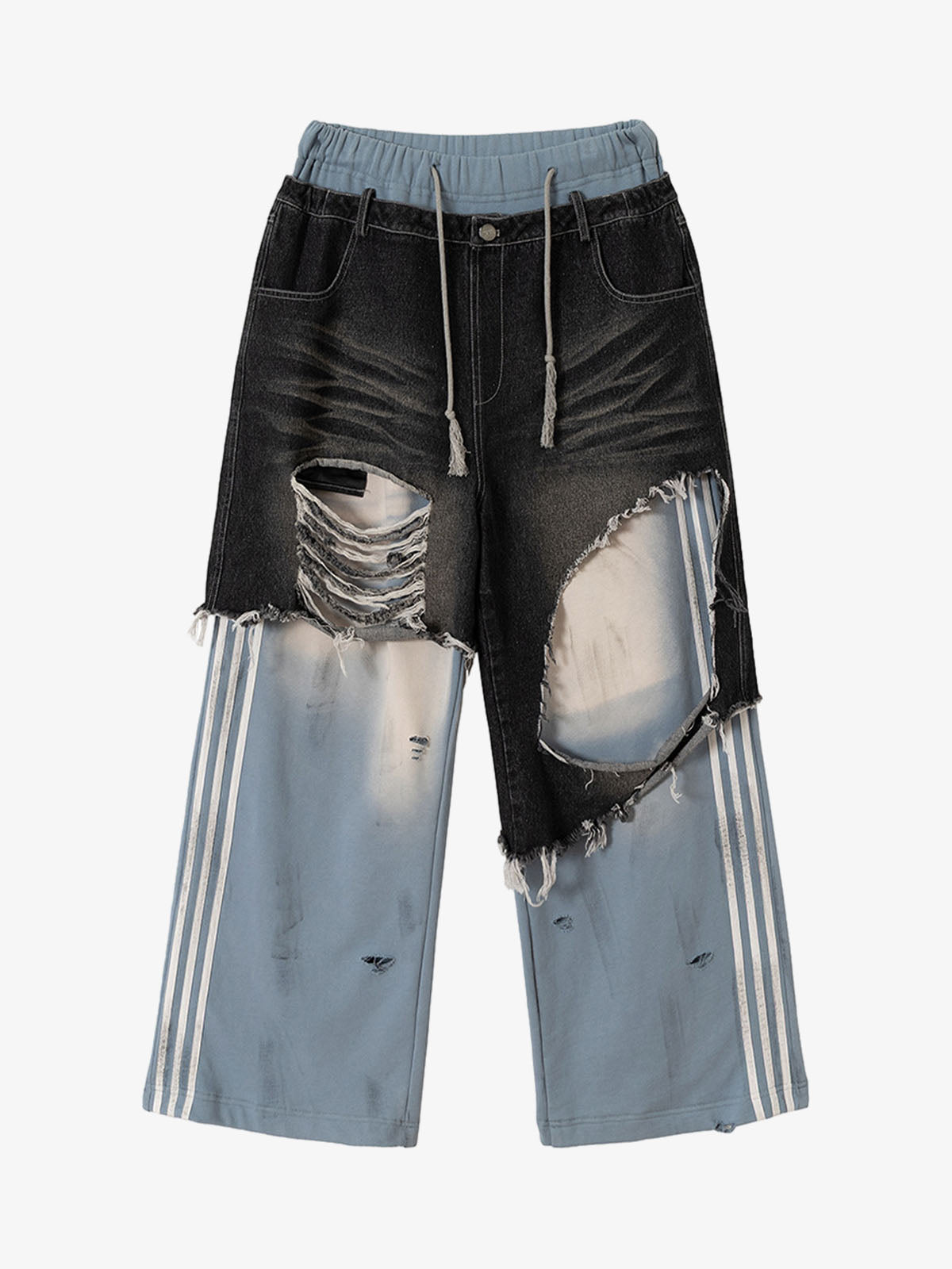 Thesupermade Double-waistband Denim Patchwork Ripped Casual Pants 