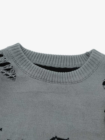 High Street Ripped Raw Edge Knitted Letter Jacquard Sweater 
