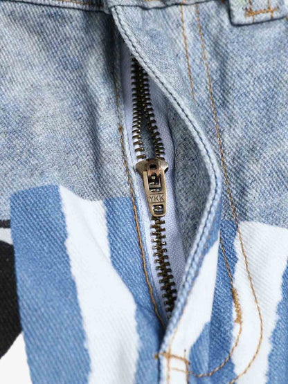 Denim Wide Leg Jeans with Dalmatian Print and Studs, Distressed Design for Streetwear Fashion 