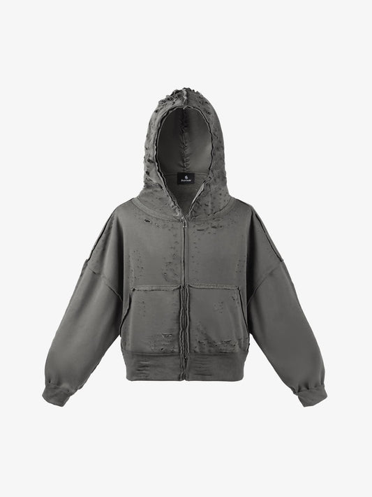 Retro Distressed Ripped Zip Up Hoodie 
