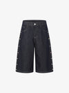Dark Wash Denim Bermuda Shorts with Side Stripe Rhinestone Detail – Relaxed Fit Cotton Shorts