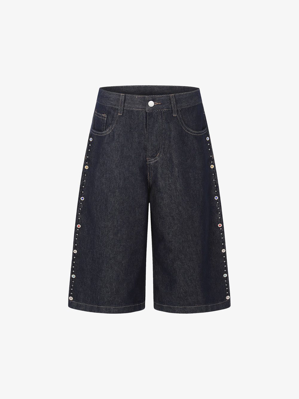 Dark Wash Denim Bermuda Shorts with Side Stripe Rhinestone Detail