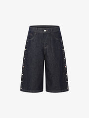Dark Wash Denim Bermuda Shorts with Side Stripe Rhinestone Detail