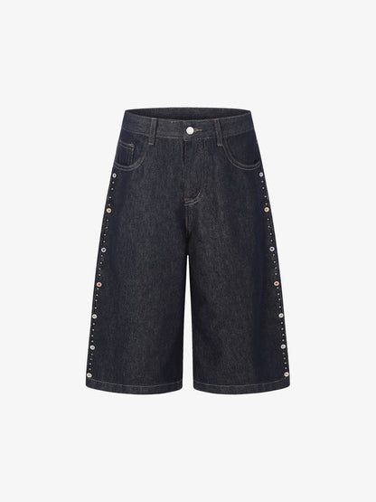 Dark Wash Denim Bermuda Shorts with Side Stripe Rhinestone Detail – Relaxed Fit Cotton Shorts