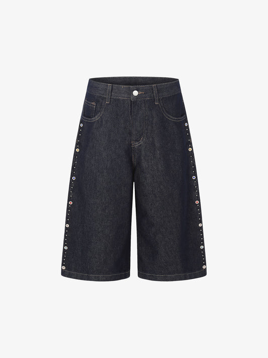 Dark Wash Denim Bermuda Shorts with Side Stripe Rhinestone Detail – Relaxed Fit Cotton Shorts