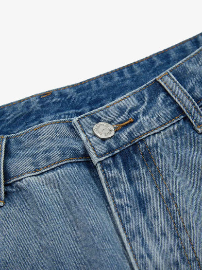 Denim Shorts with Barbed Wire Embroidery and Ripped Details for Men 