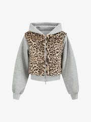 Leopard Plush Patchwork Hoodie & Wide-Leg Sweatpants Set